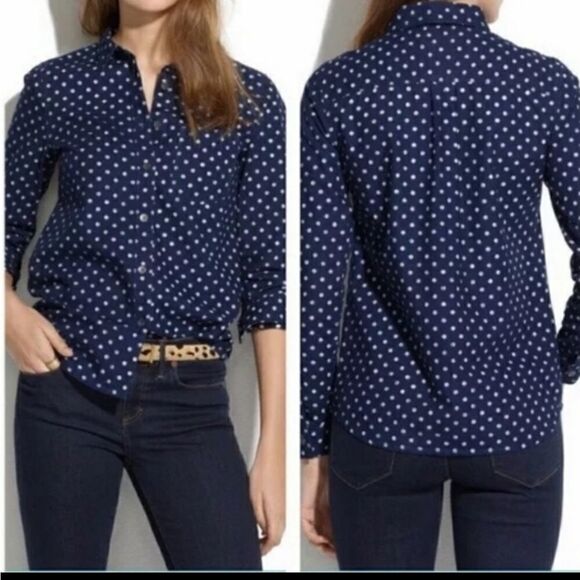 MADEWELL dotted blue chambray denim button up boyshirt XS 09237 - Picture 10 of 10